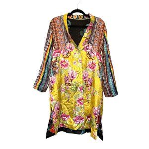 Johnny Was Reversible Silk Kimono Heron Embroidered Yellow Black Floral XS
